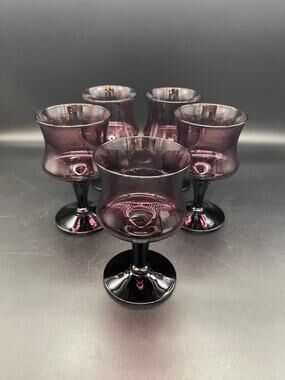 Viski Seneca Purple Amethyst Set of 5 Crystal Goblets Wine Water Glasses 5.25"